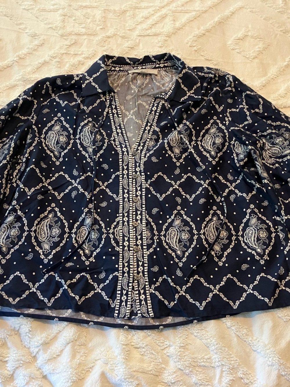 LOFT Navy and White Paisley Button-Front Blouse